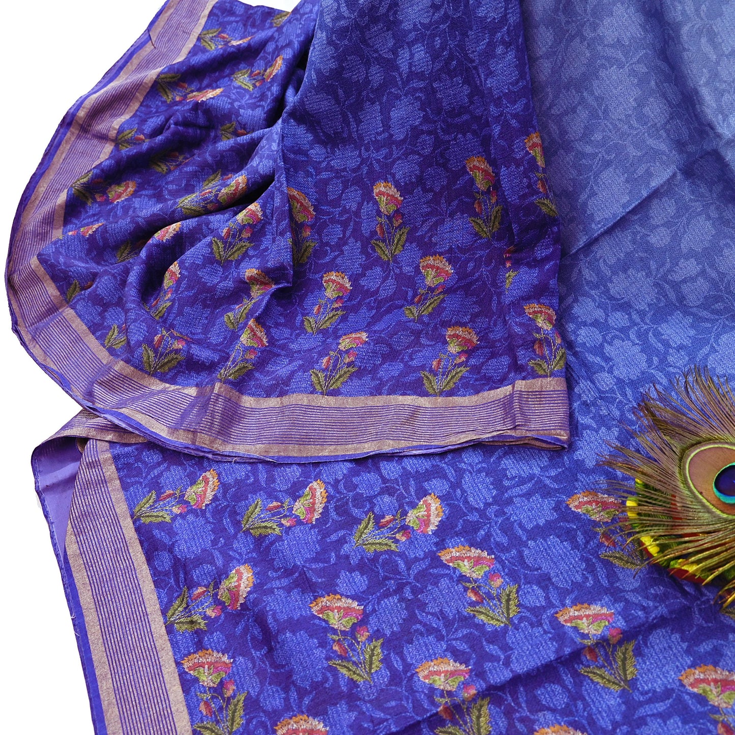 Indian Vintage Sari Blue & Purple Blend Silk Woven Digital Printed Saree Craft Fabric 5yd Soft Dress Designing Crafting Quilting Zari Border