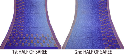 Indian Vintage Sari Blue & Purple Blend Silk Woven Digital Printed Saree Craft Fabric 5yd Soft Dress Designing Crafting Quilting Zari Border