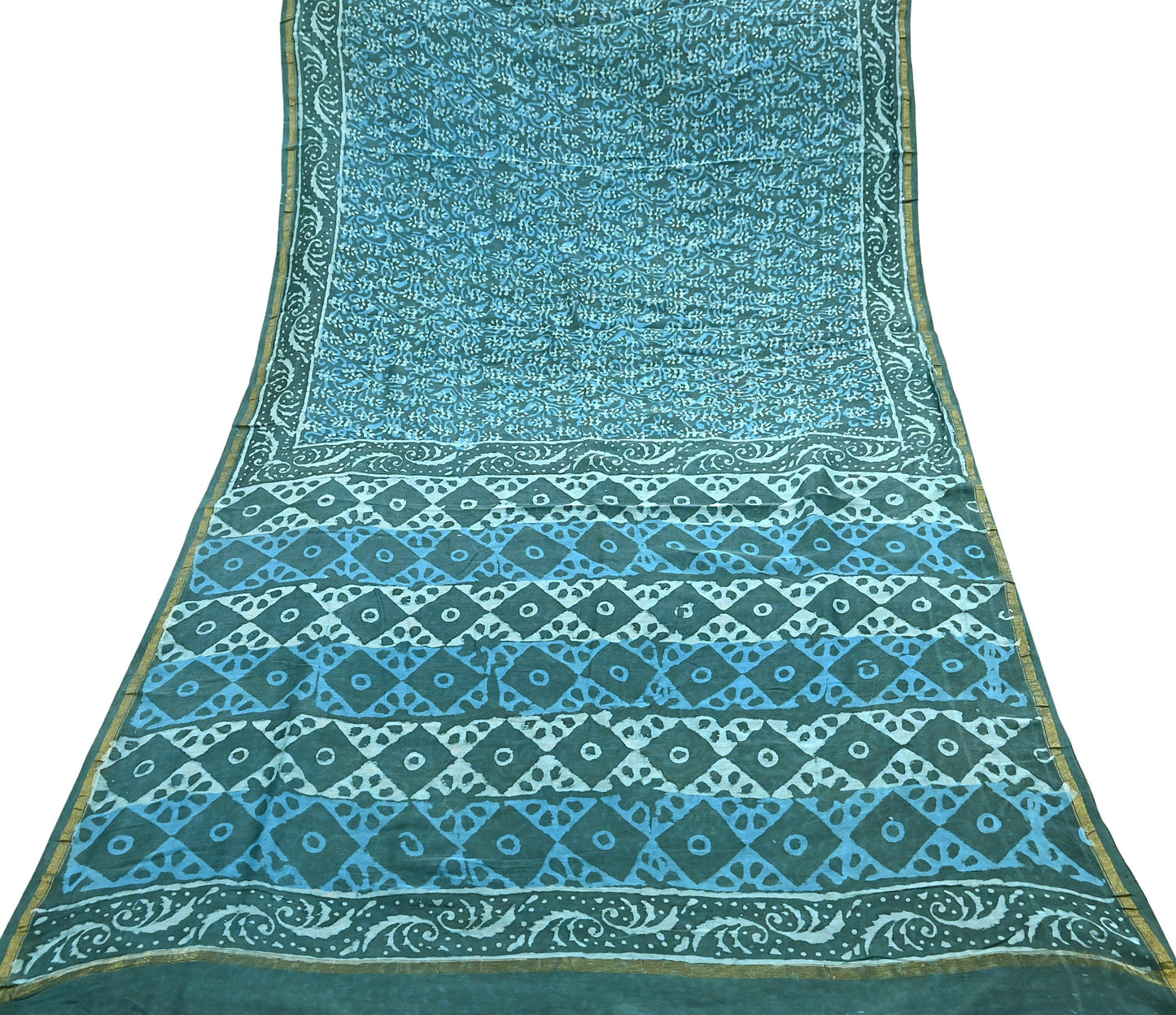Indian Vintage Sari Blue Green chanderi Silk Bagru Printed Saree 6Yd Fabric Floral Soft Zari Border Ethnic Upcycle Crafting Dress making