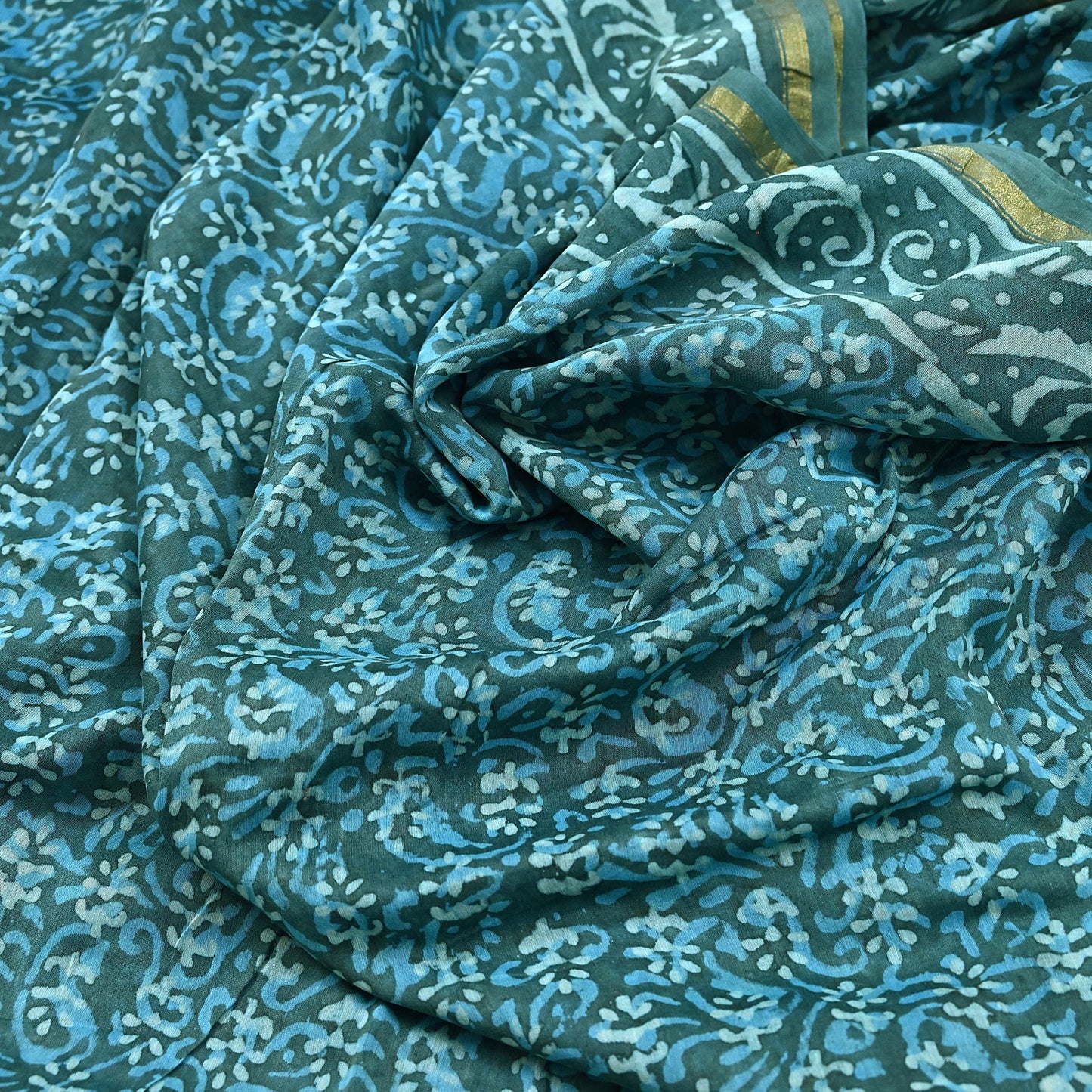 Indian Vintage Sari Blue Green chanderi Silk Bagru Printed Saree 6Yd Fabric Floral Soft Zari Border Ethnic Upcycle Crafting Dress making