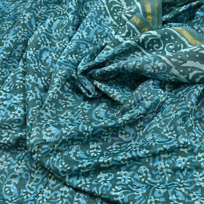 Indian Vintage Sari Blue Green chanderi Silk Bagru Printed Saree 6Yd Fabric Floral Soft Zari Border Ethnic Upcycle Crafting Dress making