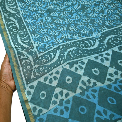 Indian Vintage Sari Blue Green chanderi Silk Bagru Printed Saree 6Yd Fabric Floral Soft Zari Border Ethnic Upcycle Crafting Dress making