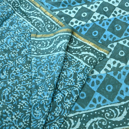 Indian Vintage Sari Blue Green chanderi Silk Bagru Printed Saree 6Yd Fabric Floral Soft Zari Border Ethnic Upcycle Crafting Dress making