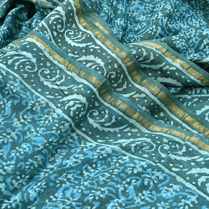 Indian Vintage Sari Blue Green chanderi Silk Bagru Printed Saree 6Yd Fabric Floral Soft Zari Border Ethnic Upcycle Crafting Dress making