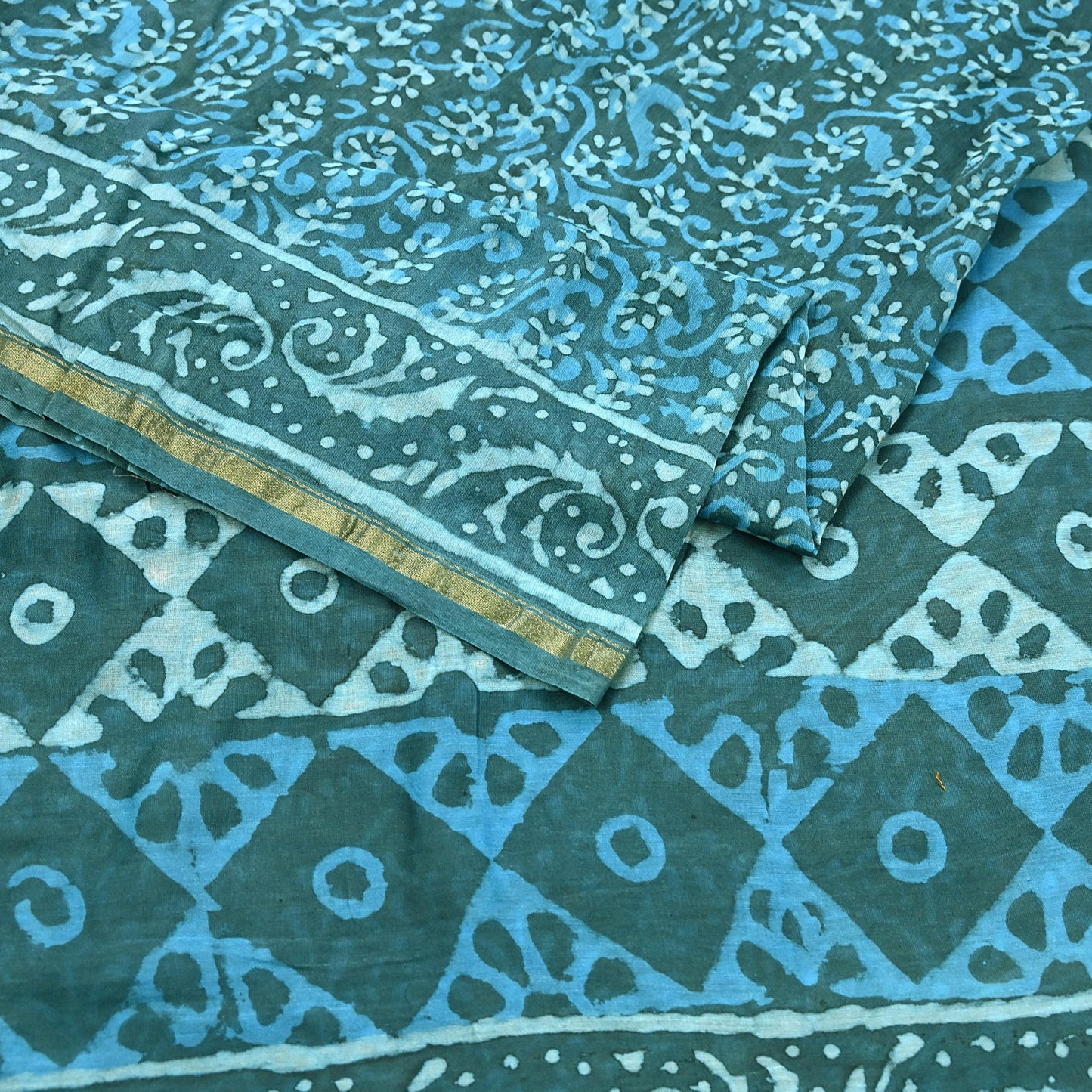Indian Vintage Sari Blue Green chanderi Silk Bagru Printed Saree 6Yd Fabric Floral Soft Zari Border Ethnic Upcycle Crafting Dress making