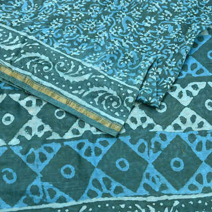 Indian Vintage Sari Blue Green chanderi Silk Bagru Printed Saree 6Yd Fabric Floral Soft Zari Border Ethnic Upcycle Crafting Dress making