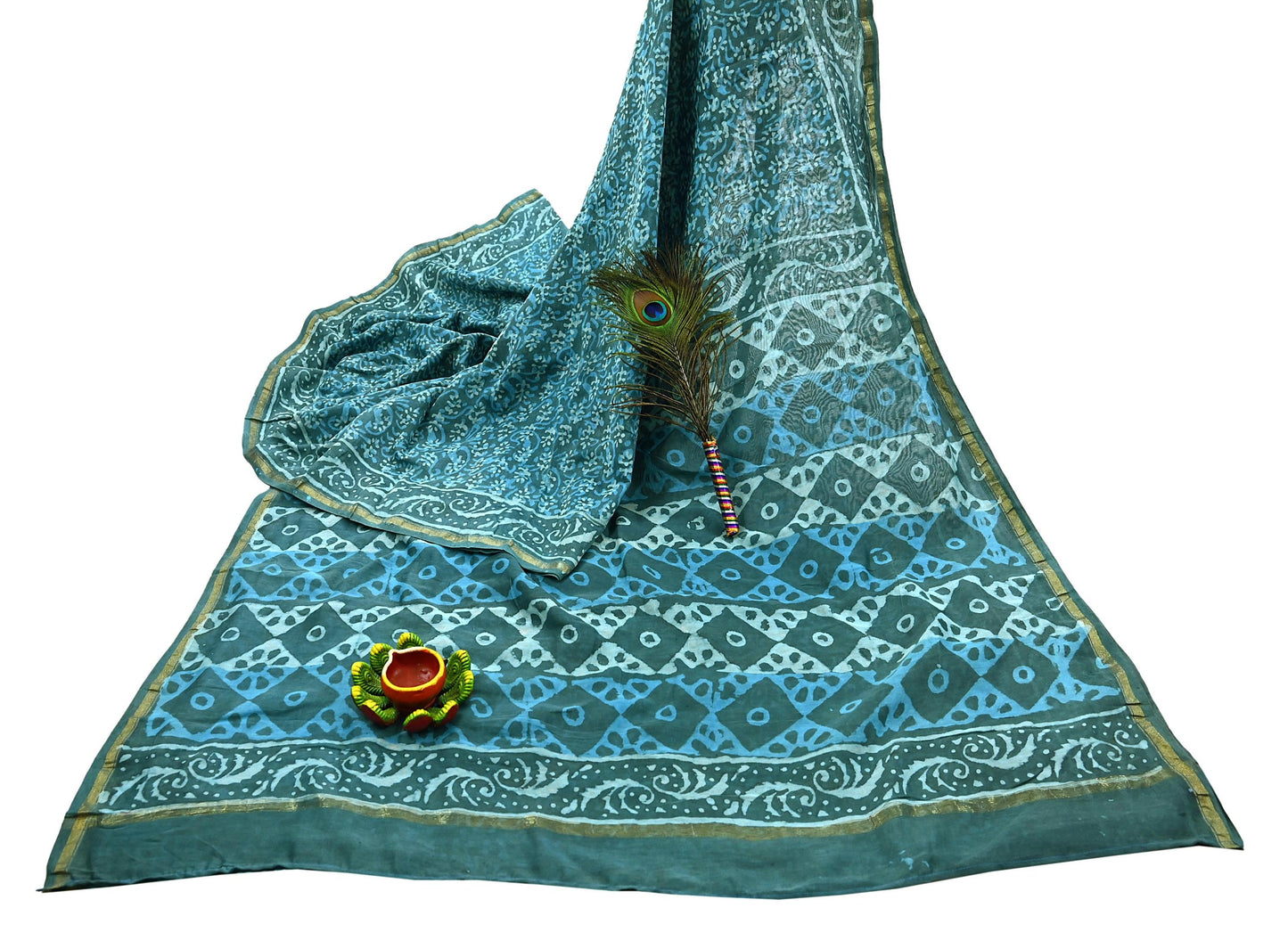 Indian Vintage Sari Blue Green chanderi Silk Bagru Printed Saree 6Yd Fabric Floral Soft Zari Border Ethnic Upcycle Crafting Dress making