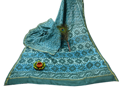 Indian Vintage Sari Blue Green chanderi Silk Bagru Printed Saree 6Yd Fabric Floral Soft Zari Border Ethnic Upcycle Crafting Dress making