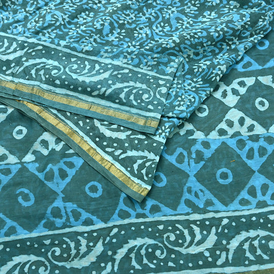 Indian Vintage Sari Blue Green chanderi Silk Bagru Printed Saree 6Yd Fabric Floral Soft Zari Border Ethnic Upcycle Crafting Dress making