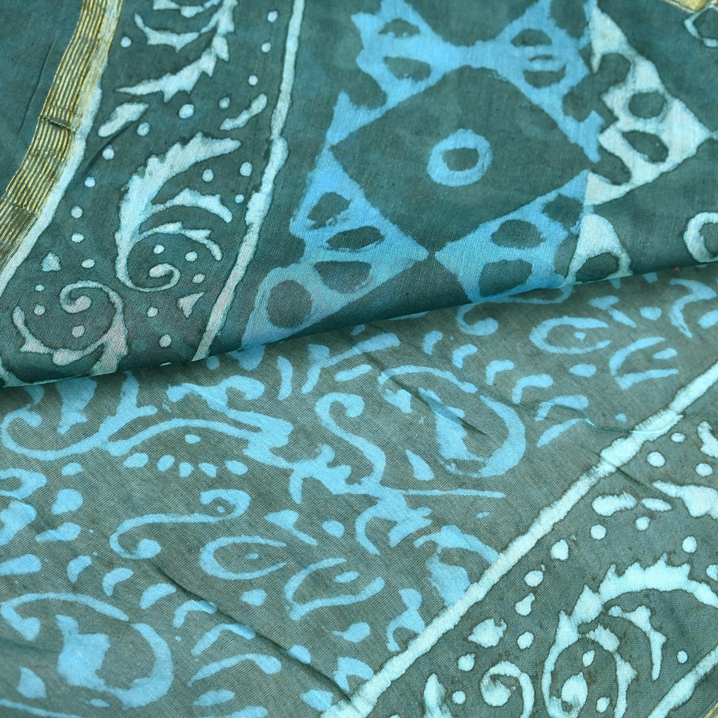 Indian Vintage Sari Blue Green chanderi Silk Bagru Printed Saree 6Yd Fabric Floral Soft Zari Border Ethnic Upcycle Crafting Dress making