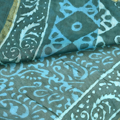 Indian Vintage Sari Blue Green chanderi Silk Bagru Printed Saree 6Yd Fabric Floral Soft Zari Border Ethnic Upcycle Crafting Dress making