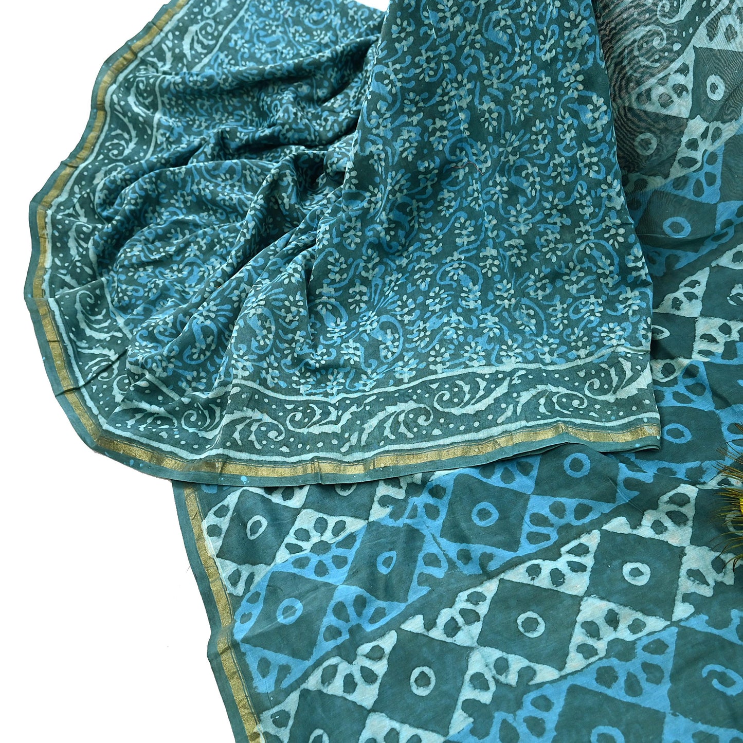 Indian Vintage Sari Blue Green chanderi Silk Bagru Printed Saree 6Yd Fabric Floral Soft Zari Border Ethnic Upcycle Crafting Dress making