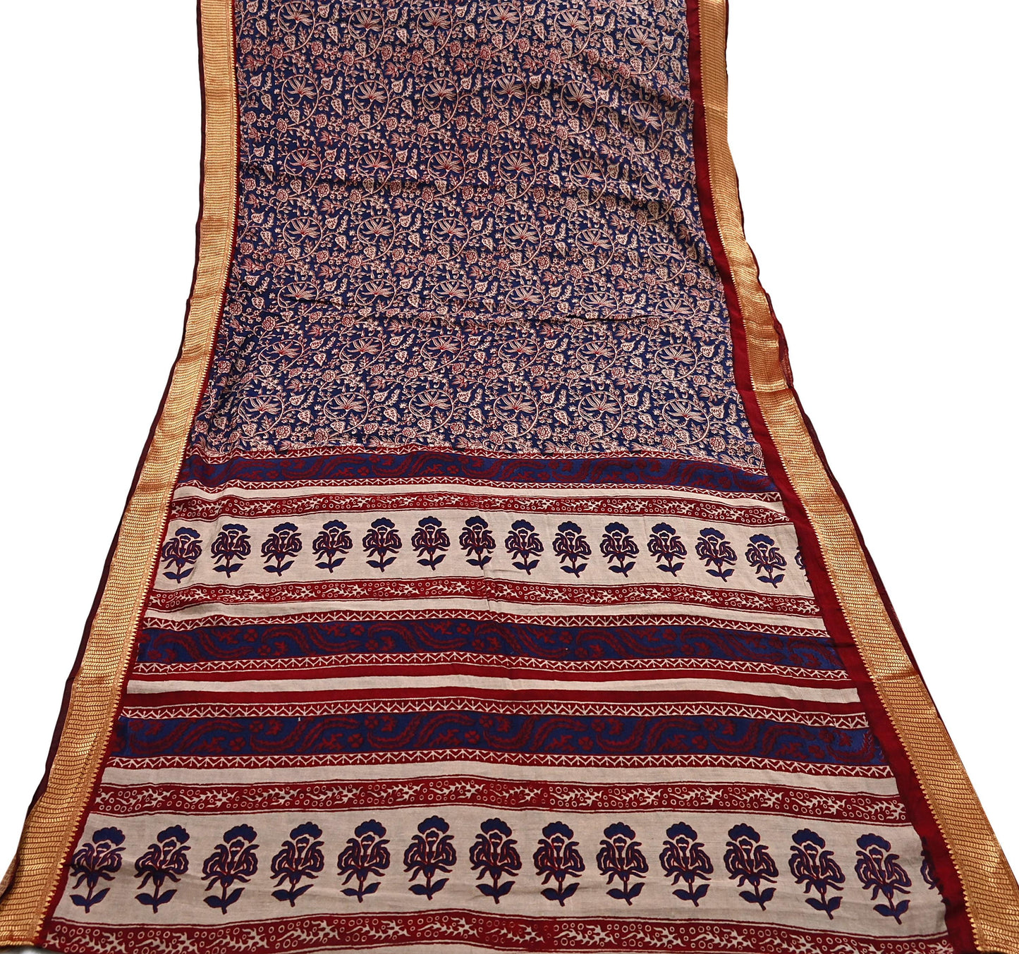 Indian Vintage Sari Blue chanderi Silk Bagru Printed Saree 5Yd Fabric Floral Soft Zari Border Ethnic Upcycle Crafting Dress making