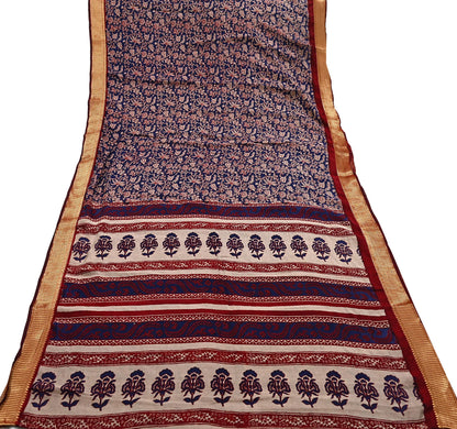 Indian Vintage Sari Blue chanderi Silk Bagru Printed Saree 5Yd Fabric Floral Soft Zari Border Ethnic Upcycle Crafting Dress making