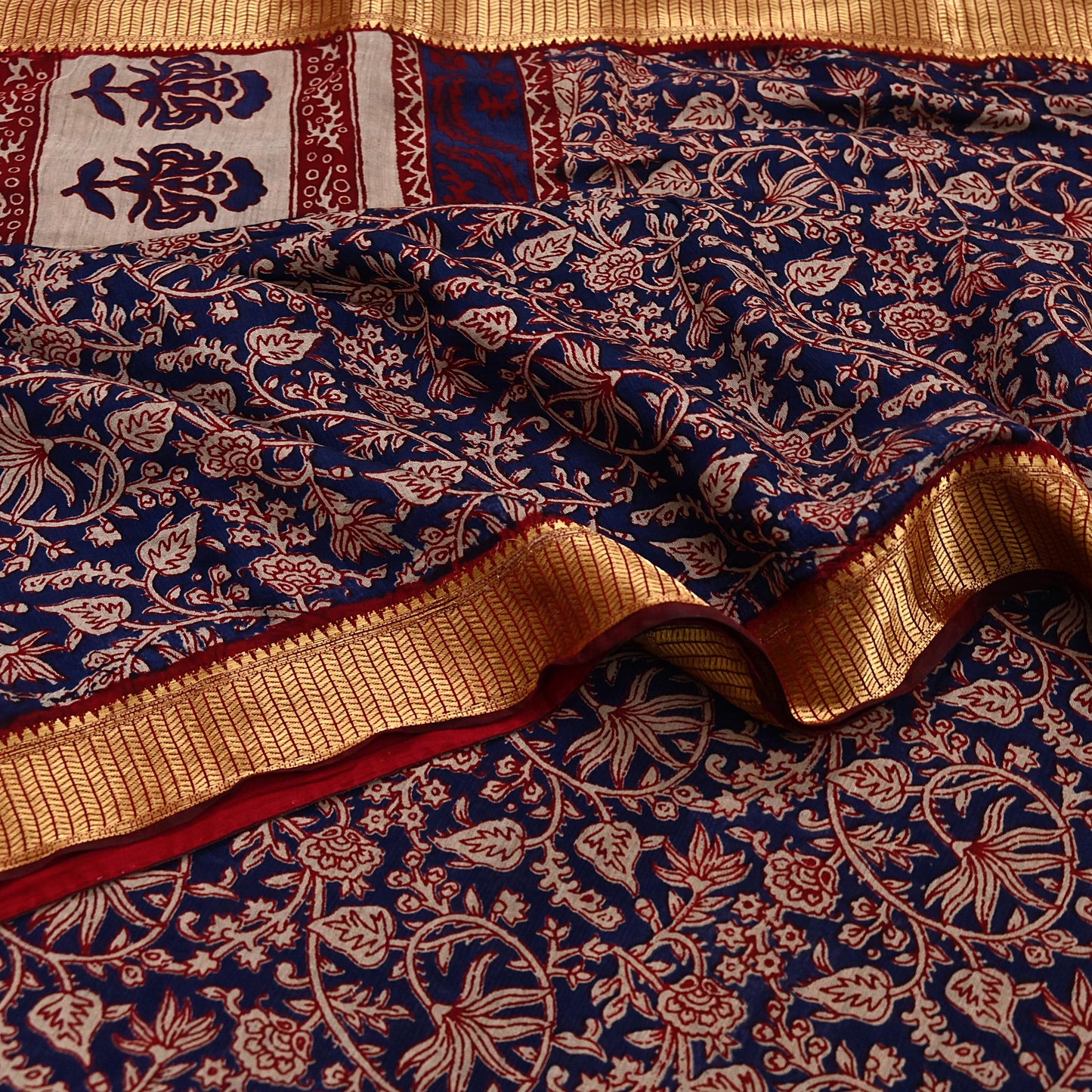 Indian Vintage Sari Blue chanderi Silk Bagru Printed Saree 5Yd Fabric Floral Soft Zari Border Ethnic Upcycle Crafting Dress making