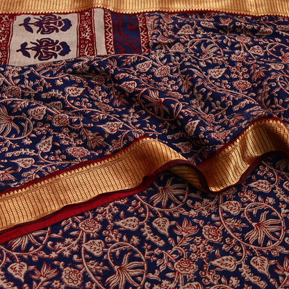 Indian Vintage Sari Blue chanderi Silk Bagru Printed Saree 5Yd Fabric Floral Soft Zari Border Ethnic Upcycle Crafting Dress making