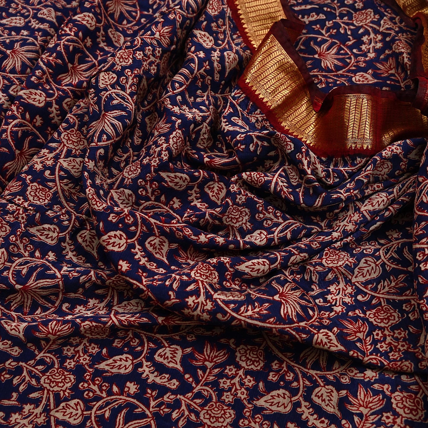 Indian Vintage Sari Blue chanderi Silk Bagru Printed Saree 5Yd Fabric Floral Soft Zari Border Ethnic Upcycle Crafting Dress making