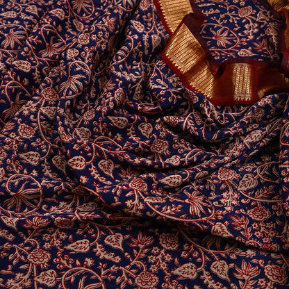 Indian Vintage Sari Blue chanderi Silk Bagru Printed Saree 5Yd Fabric Floral Soft Zari Border Ethnic Upcycle Crafting Dress making