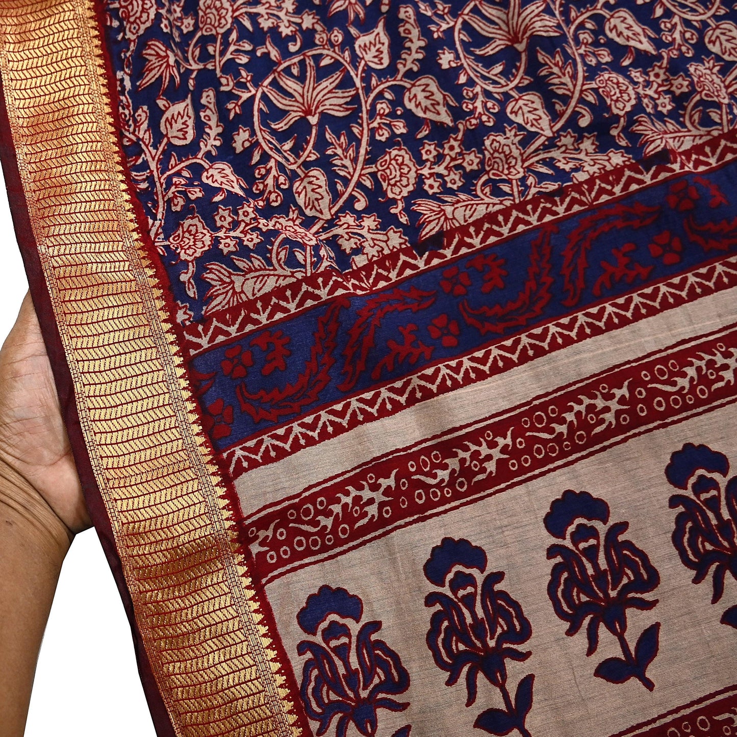 Indian Vintage Sari Blue chanderi Silk Bagru Printed Saree 5Yd Fabric Floral Soft Zari Border Ethnic Upcycle Crafting Dress making