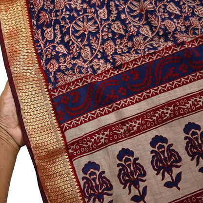 Indian Vintage Sari Blue chanderi Silk Bagru Printed Saree 5Yd Fabric Floral Soft Zari Border Ethnic Upcycle Crafting Dress making