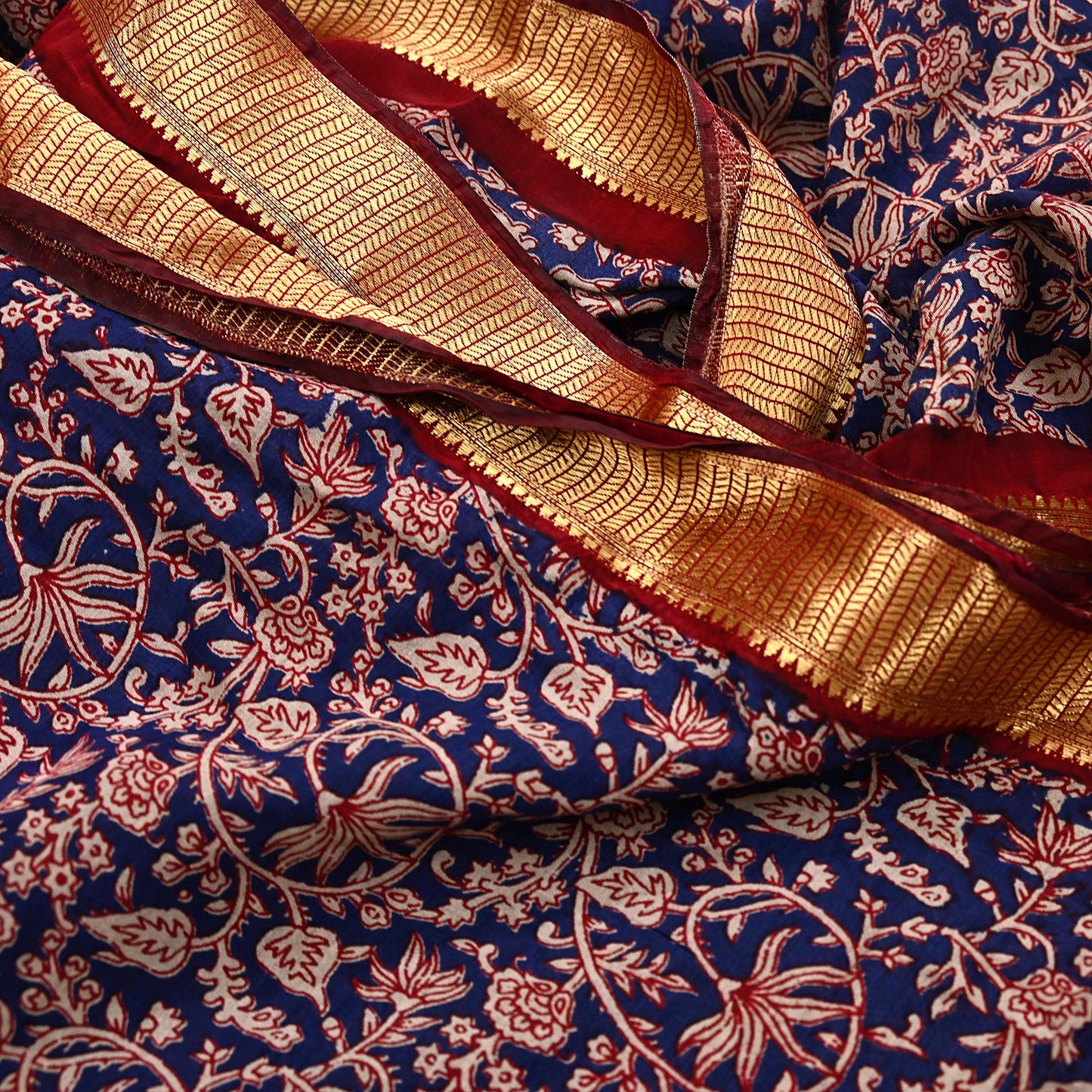 Indian Vintage Sari Blue chanderi Silk Bagru Printed Saree 5Yd Fabric Floral Soft Zari Border Ethnic Upcycle Crafting Dress making