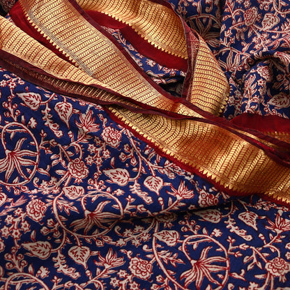 Indian Vintage Sari Blue chanderi Silk Bagru Printed Saree 5Yd Fabric Floral Soft Zari Border Ethnic Upcycle Crafting Dress making