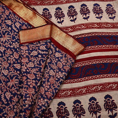Indian Vintage Sari Blue chanderi Silk Bagru Printed Saree 5Yd Fabric Floral Soft Zari Border Ethnic Upcycle Crafting Dress making