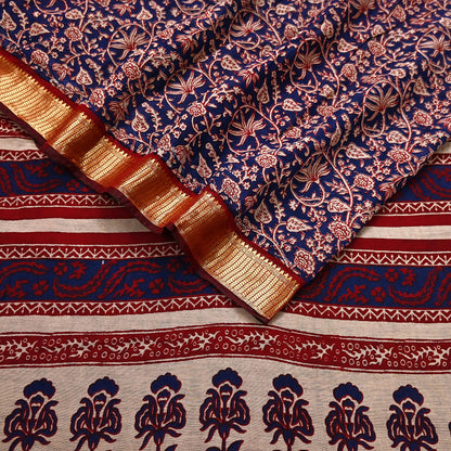 Indian Vintage Sari Blue chanderi Silk Bagru Printed Saree 5Yd Fabric Floral Soft Zari Border Ethnic Upcycle Crafting Dress making