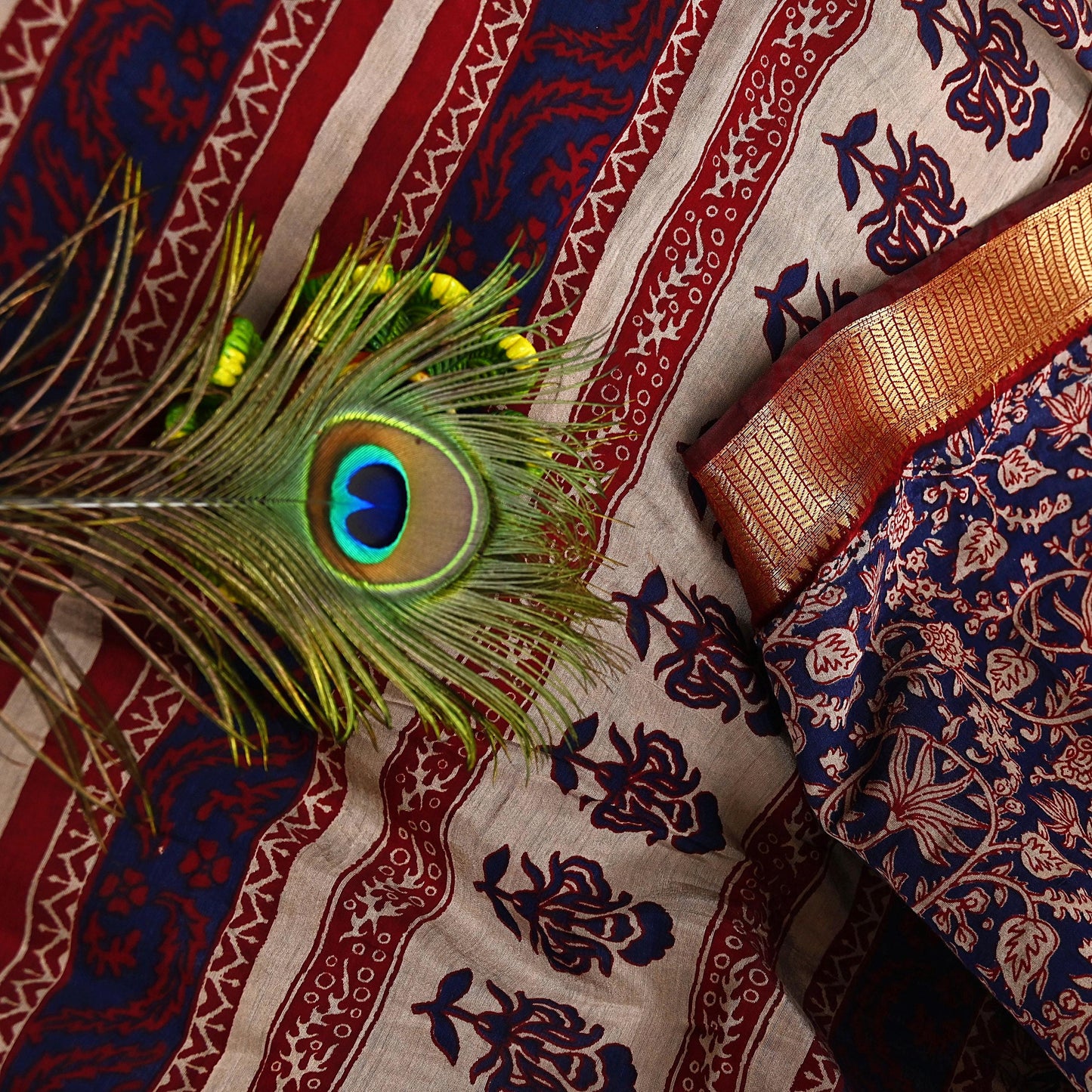 Indian Vintage Sari Blue chanderi Silk Bagru Printed Saree 5Yd Fabric Floral Soft Zari Border Ethnic Upcycle Crafting Dress making