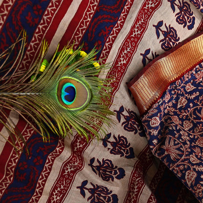 Indian Vintage Sari Blue chanderi Silk Bagru Printed Saree 5Yd Fabric Floral Soft Zari Border Ethnic Upcycle Crafting Dress making