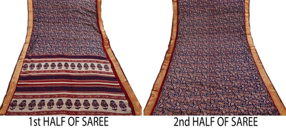Indian Vintage Sari Blue chanderi Silk Bagru Printed Saree 5Yd Fabric Floral Soft Zari Border Ethnic Upcycle Crafting Dress making