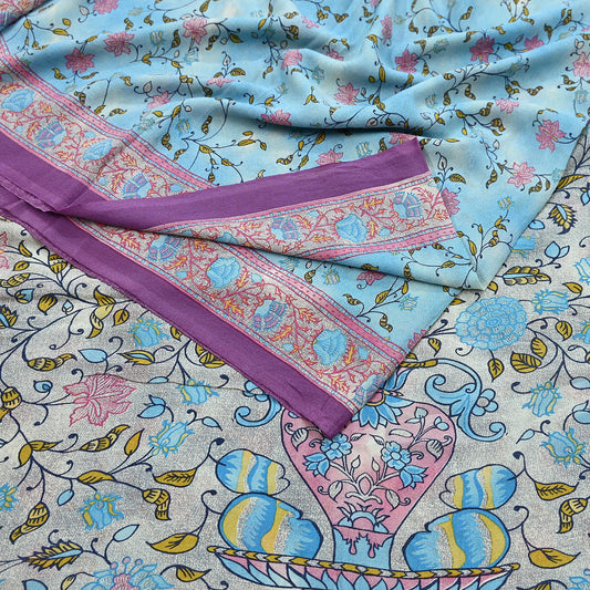 Women Vintage Sari Blue Pure Georgette Silk Digital Printed Saree Craft Fabric Sewing 5Yd Light Dress Making Floral Crafting