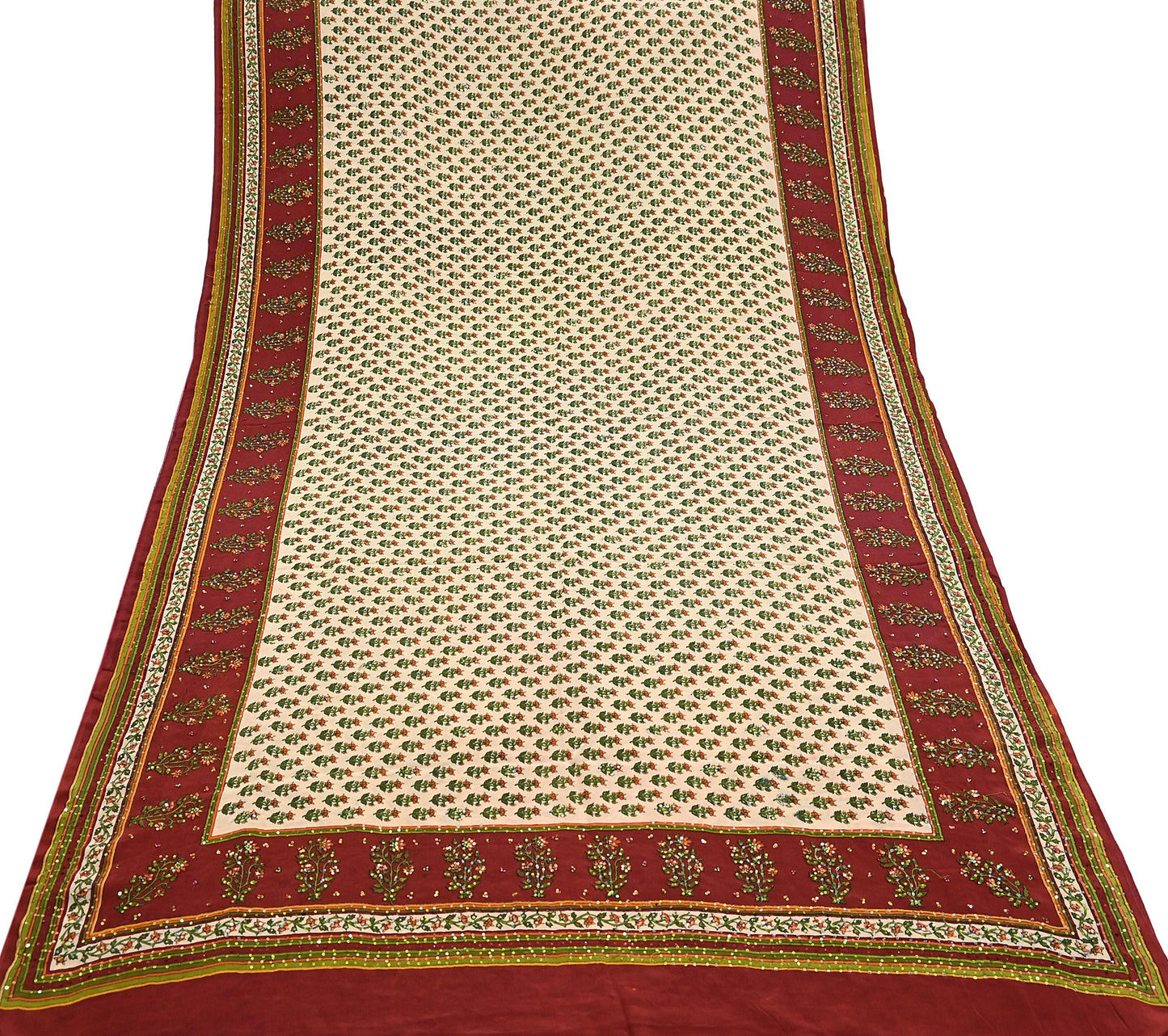 Vintage Beige Maroon Pure Crepe Silk Saree Hand Embroidered Floral Fabric 5Yds Indian Dressmaking, Quilting & Christmas Craft Material