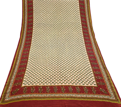 Vintage Beige Maroon Pure Crepe Silk Saree Hand Embroidered Floral Fabric 5Yds Indian Dressmaking, Quilting & Christmas Craft Material