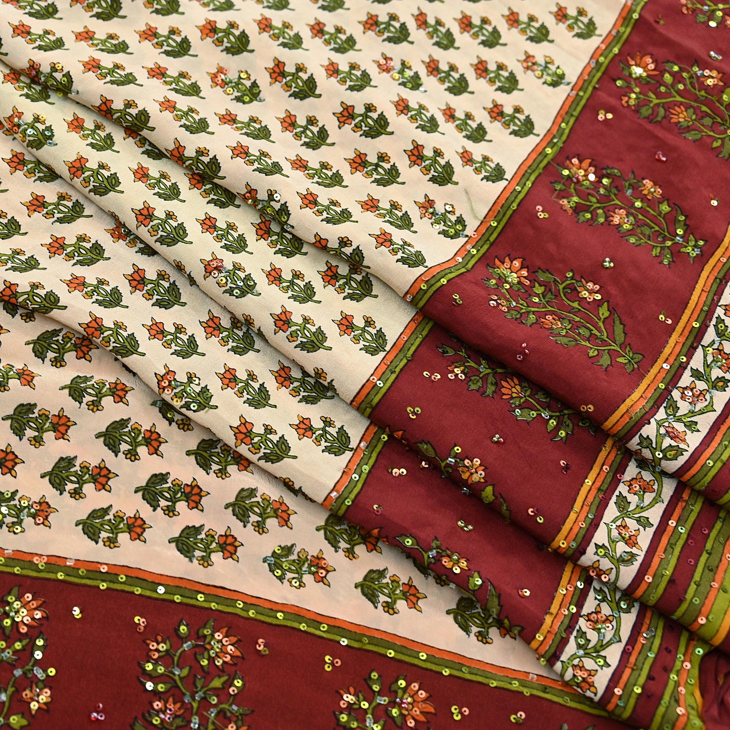 Vintage Beige Maroon Pure Crepe Silk Saree Hand Embroidered Floral Fabric 5Yds Indian Dressmaking, Quilting & Christmas Craft Material