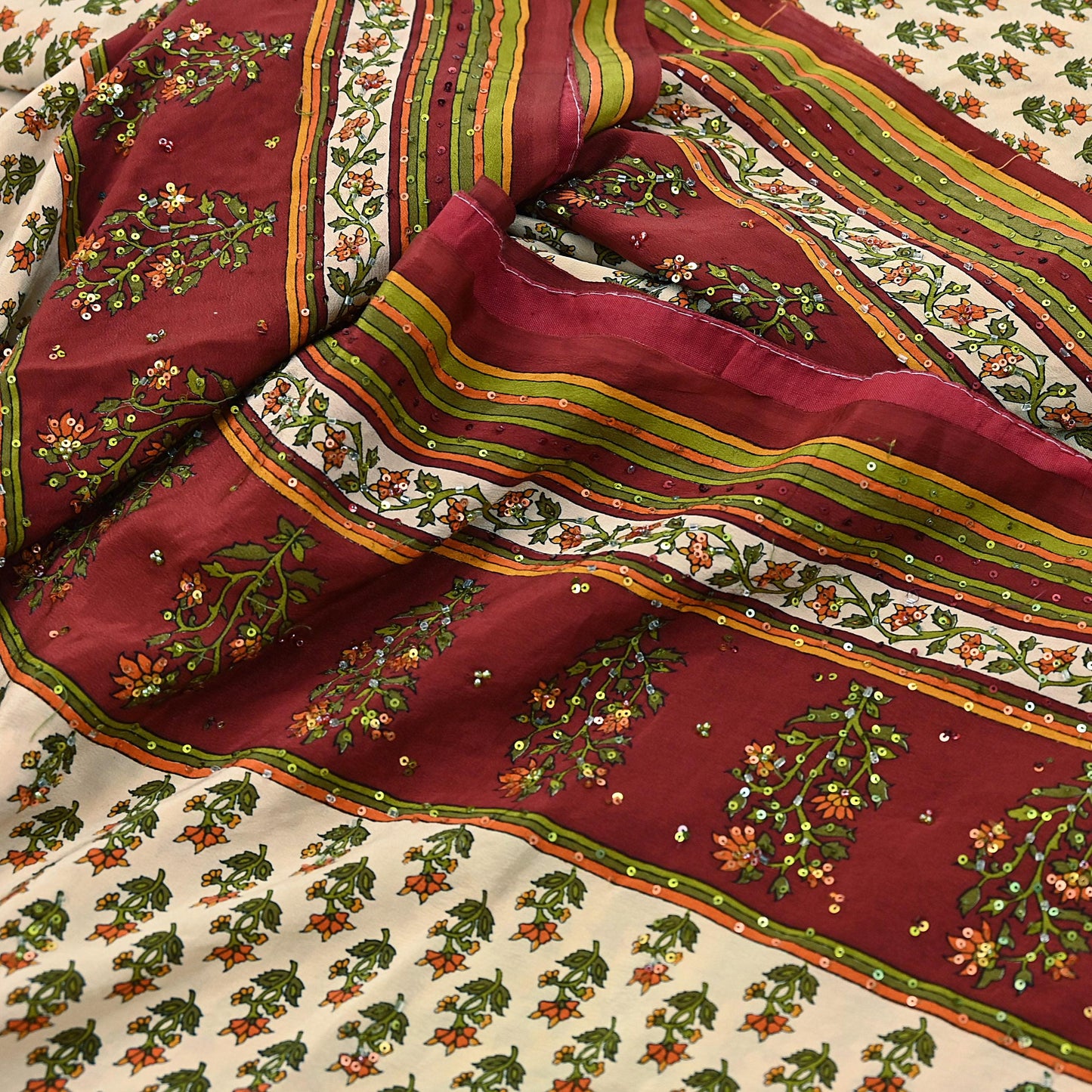 Vintage Beige Maroon Pure Crepe Silk Saree Hand Embroidered Floral Fabric 5Yds Indian Dressmaking, Quilting & Christmas Craft Material