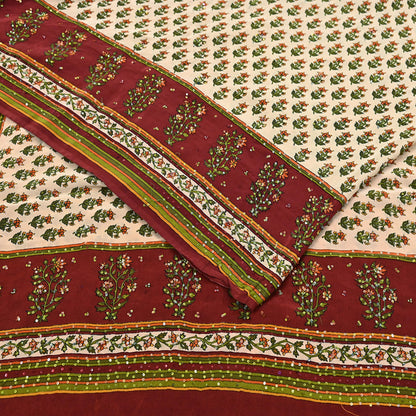 Vintage Beige Maroon Pure Crepe Silk Saree Hand Embroidered Floral Fabric 5Yds Indian Dressmaking, Quilting & Christmas Craft Material