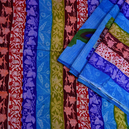 Vintage Blue Crepe Silk Saree Pure Silk Printed Floral Fabric 5Yds Indian Sewing, Quilting, Dressmaking & Christmas Craft Material