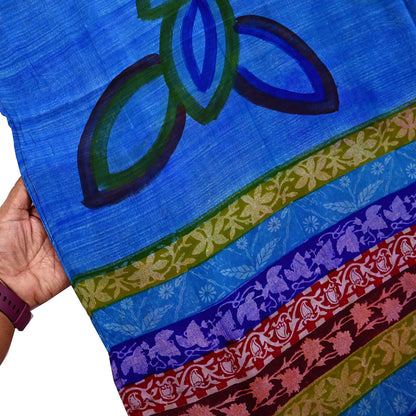 Vintage Blue Crepe Silk Saree Pure Silk Printed Floral Fabric 5Yds Indian Sewing, Quilting, Dressmaking & Christmas Craft Material