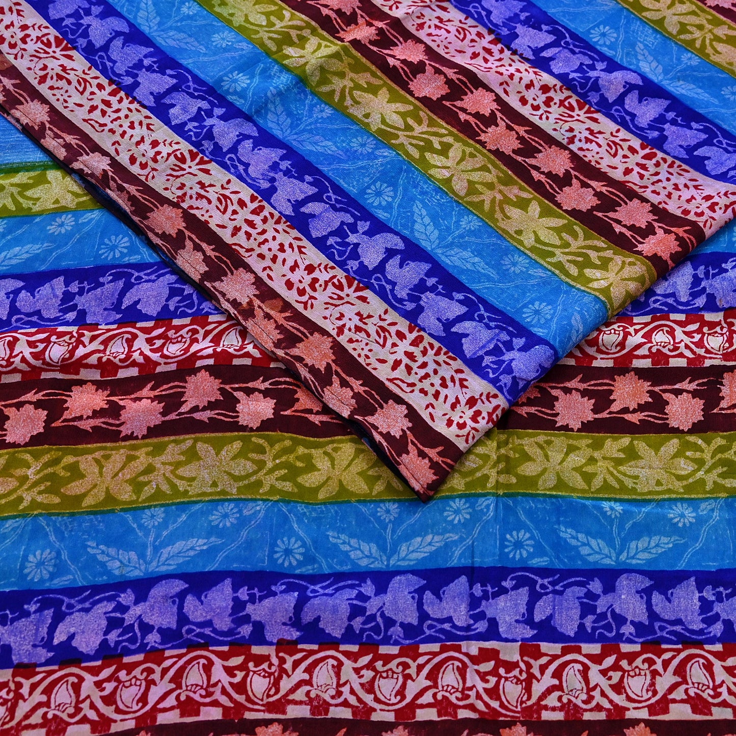 Vintage Blue Crepe Silk Saree Pure Silk Printed Floral Fabric 5Yds Indian Sewing, Quilting, Dressmaking & Christmas Craft Material