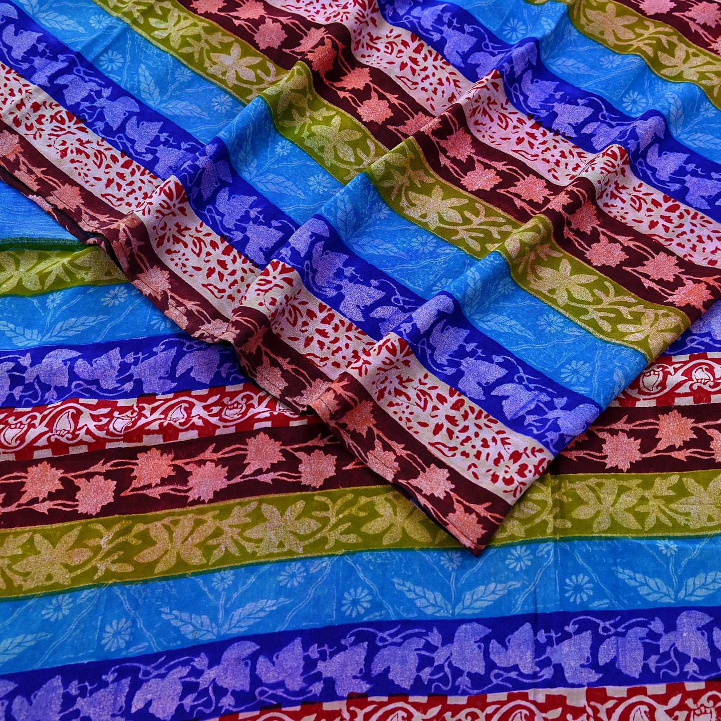 Vintage Blue Crepe Silk Saree Pure Silk Printed Floral Fabric 5Yds Indian Sewing, Quilting, Dressmaking & Christmas Craft Material