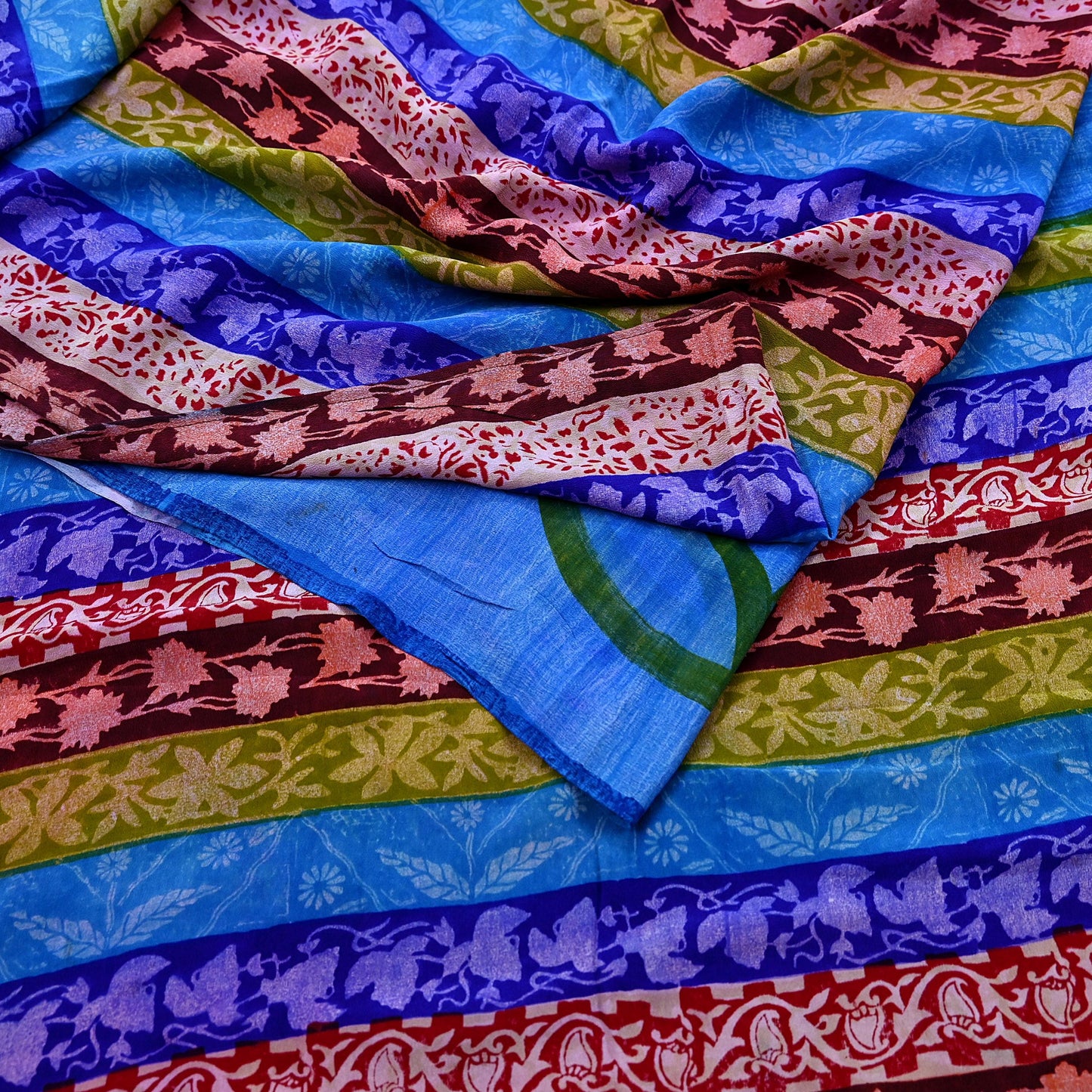 Vintage Blue Crepe Silk Saree Pure Silk Printed Floral Fabric 5Yds Indian Sewing, Quilting, Dressmaking & Christmas Craft Material