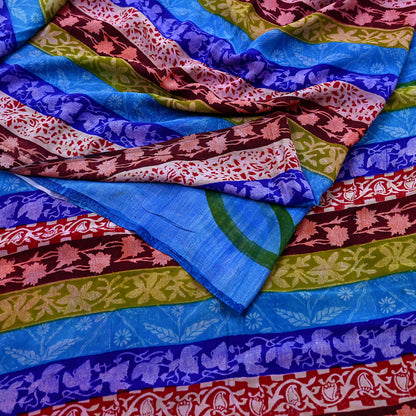 Vintage Blue Crepe Silk Saree Pure Silk Printed Floral Fabric 5Yds Indian Sewing, Quilting, Dressmaking & Christmas Craft Material