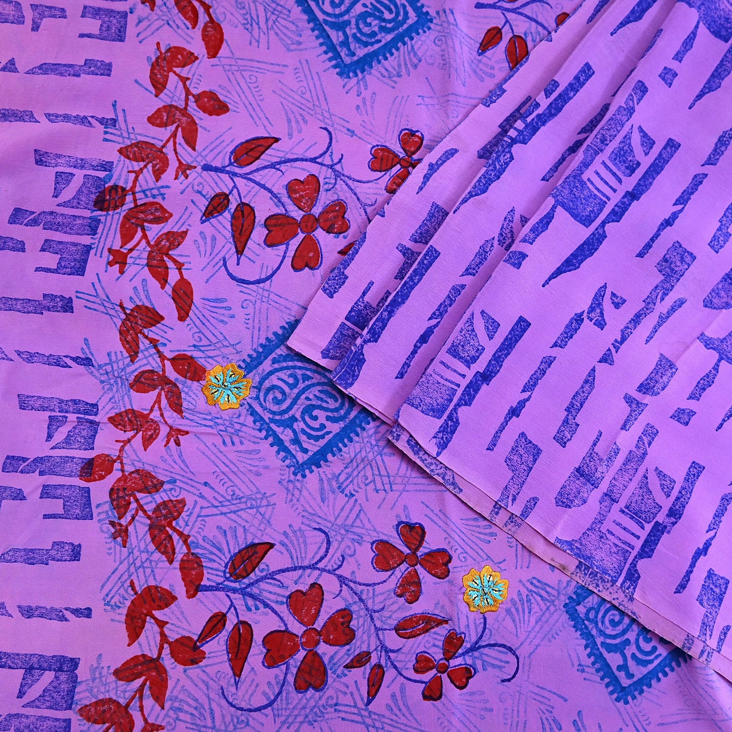 Indian Vintage Sari Purple Pure Crepe Silk Hand Embroidered Saree 5yd Sewing Floral Craft Sequins Dress making Crafting Quilting