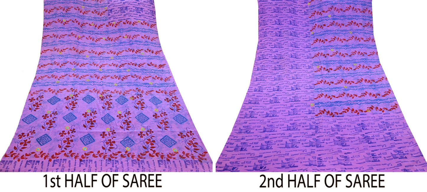 Indian Vintage Sari Purple Pure Crepe Silk Hand Embroidered Saree 5yd Sewing Floral Craft Sequins Dress making Crafting Quilting