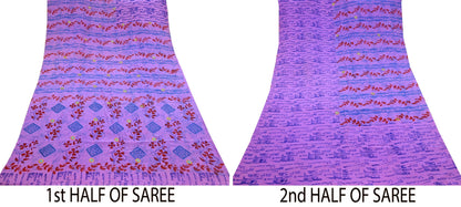 Indian Vintage Sari Purple Pure Crepe Silk Hand Embroidered Saree 5yd Sewing Floral Craft Sequins Dress making Crafting Quilting