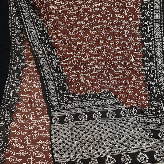 Indian Vintage Brown & Black Saree Printed Pure Cotton Sari Craft Fabric 5Yd Sewing Sarong Wrap Boho Floral Quilting Crafting Dress Making