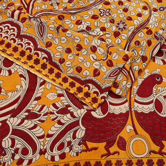 Indian Vintage Sari Yellow & Red Kalamkari Printed Pure Cotton Saree Fabric Soft Floral 5Yd Sarong Wrap Fabric Peacock