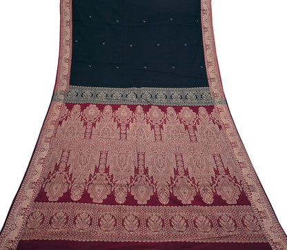 Indian Vintage Sari Maroon & Black Pure Cotton Hand Woven Sarees Craft Fabric 5yd Ethnic Crafting Upcycle Quilting Dress Making Quilting