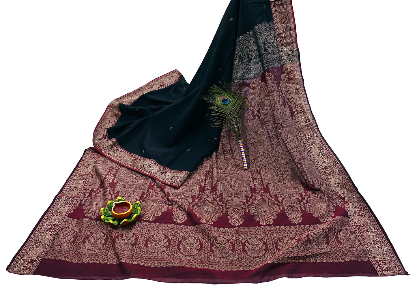 Indian Vintage Sari Maroon & Black Pure Cotton Hand Woven Sarees Craft Fabric 5yd Ethnic Crafting Upcycle Quilting Dress Making Quilting